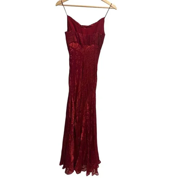 Nicole Miller Silk Burnout Floral Maxi Dress Burgundy Spaghetti Strap XS - Picture 6 of 10